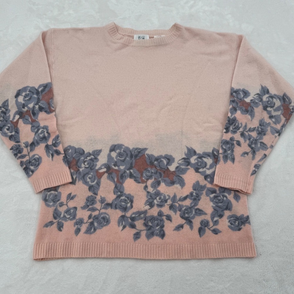 Together! Vintage Pink 100% Lambswool Floral Rose Intarsia Sweater Womans Small